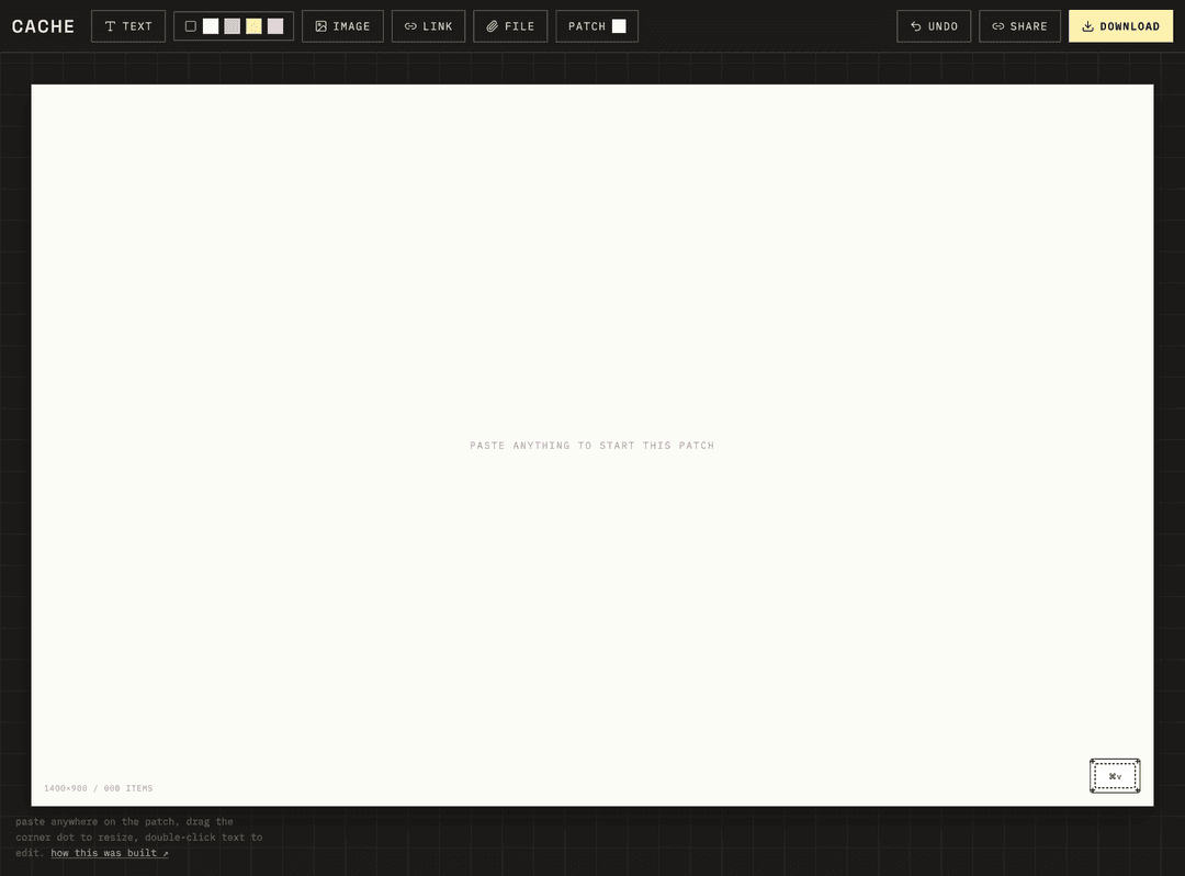 screenshot: the full patch UI — toolbar, canvas, and a real patch in progress, at real size