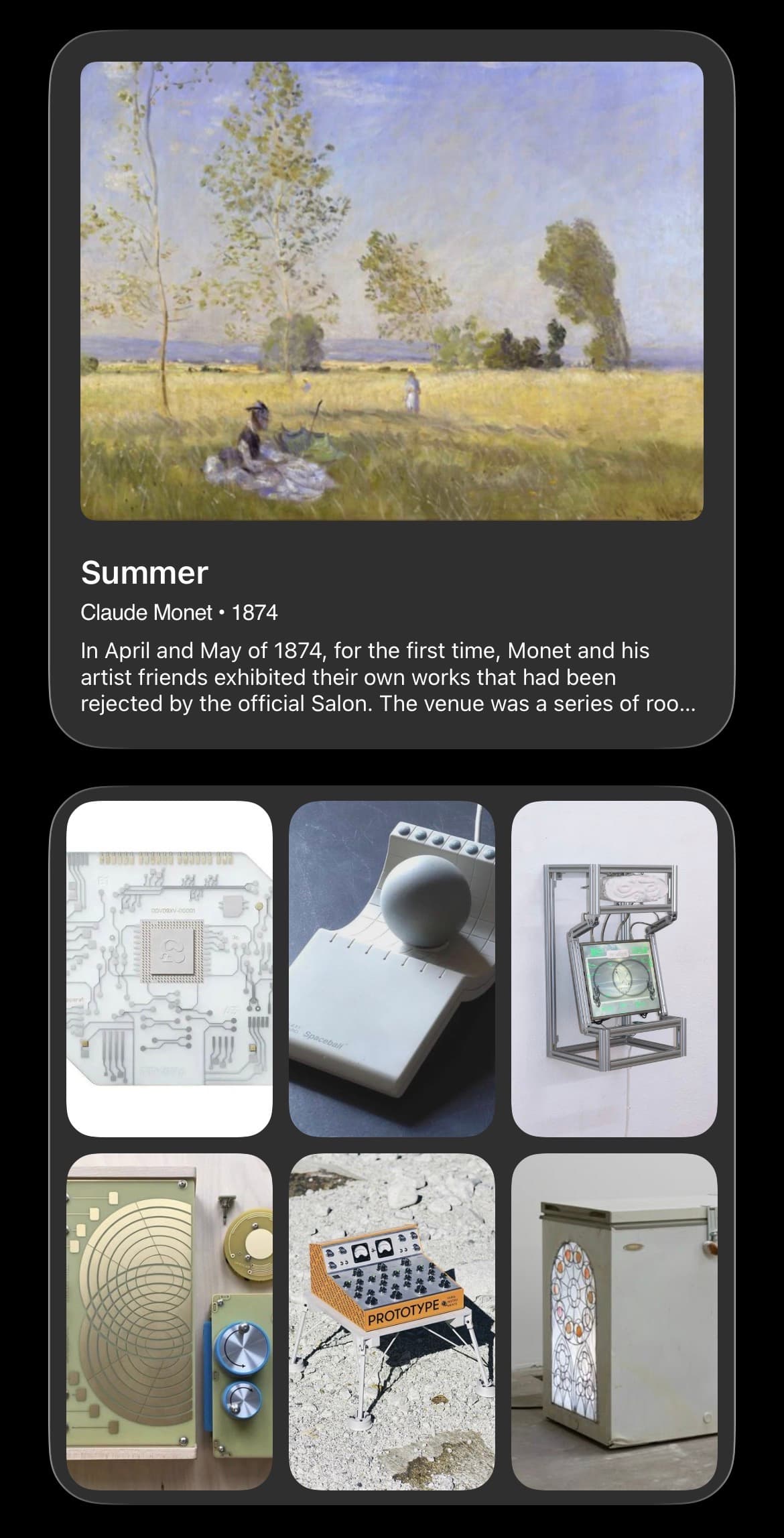 a screenshot pairing a daily-art widget showing Monet's Summer, 1874, with a pinterest-style saved grid of obsolete tech and instrument objects — circuit boards, a spaceball input device, sculptural panel devices
