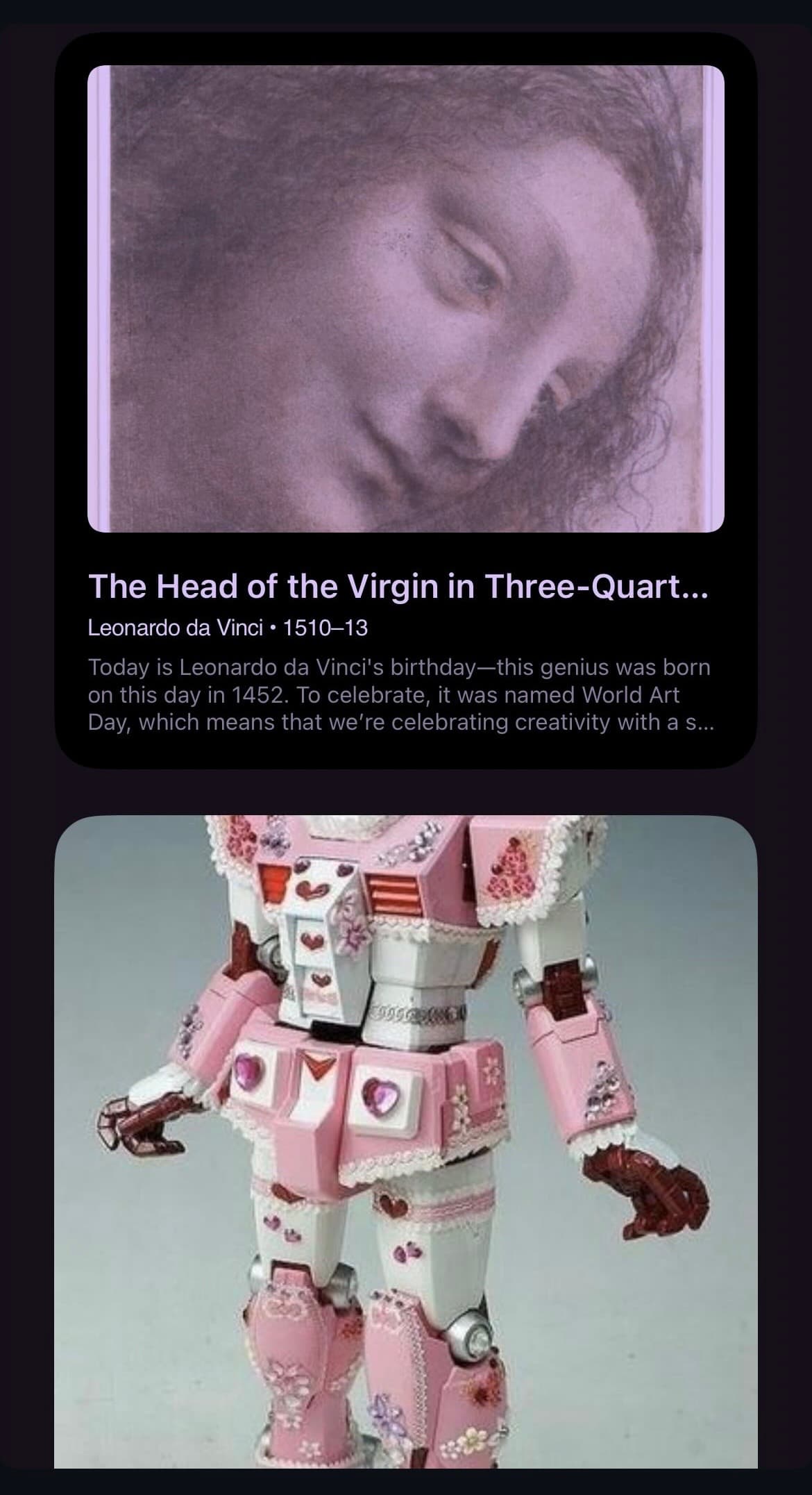 a screenshot pairing Leonardo da Vinci's sepia drawing The Head of the Virgin in Three-Quarter View with a bejeweled pink and white toy robot figure