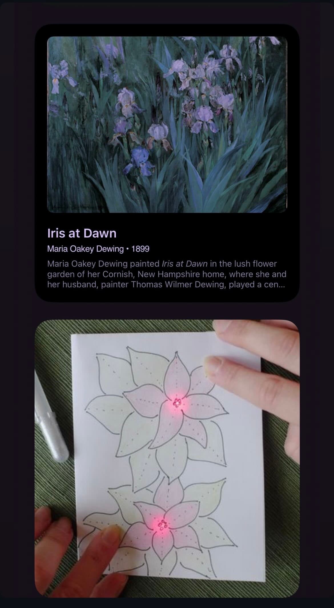 a screenshot pairing Maria Oakey Dewing's painting Iris at Dawn, 1899, with a hand holding a paper flower craft whose center lights up red like a soft circuit
