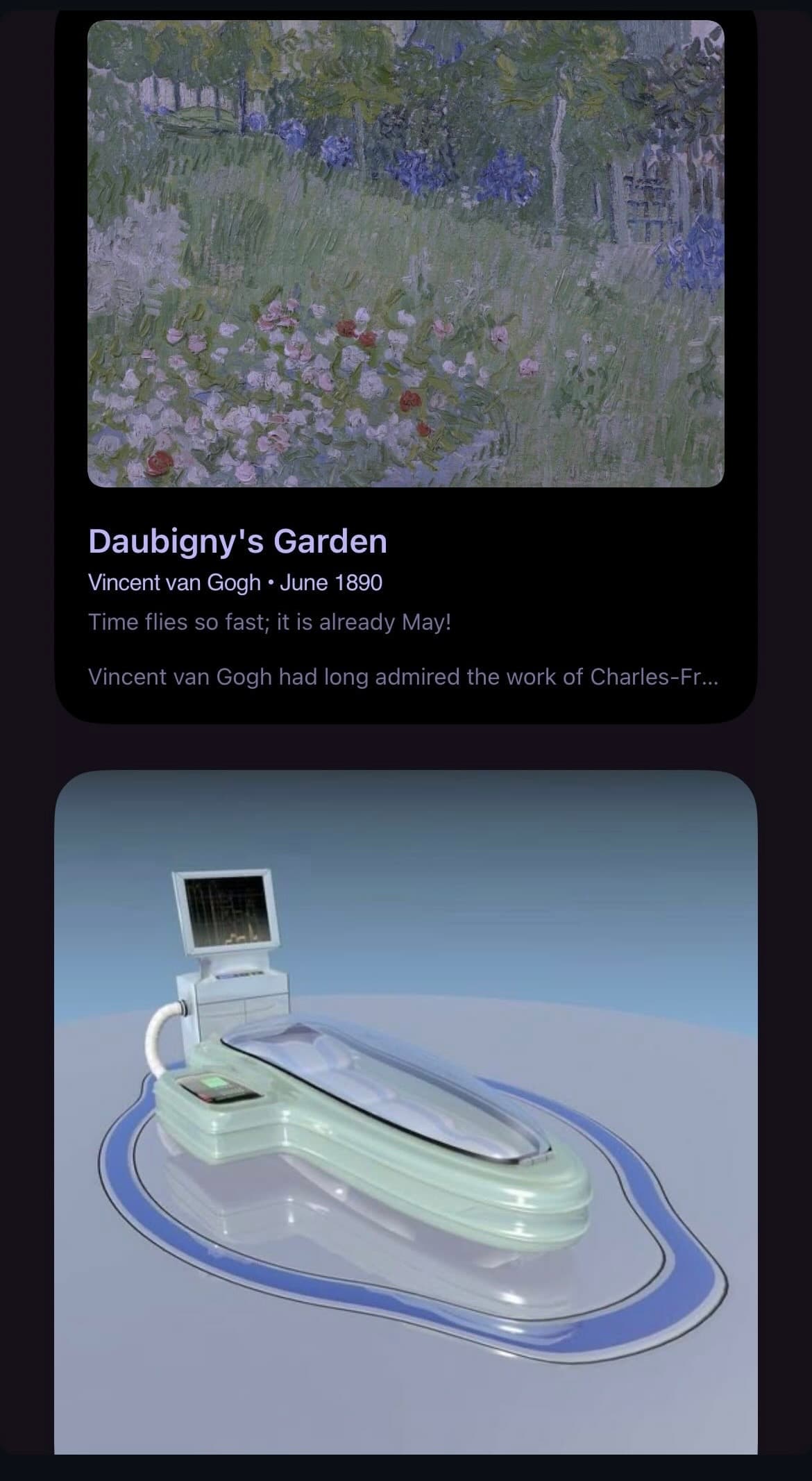 a screenshot pairing Vincent van Gogh's painting Daubigny's Garden, 1890, with a rendering of a pale green sci-fi medical scanner pod