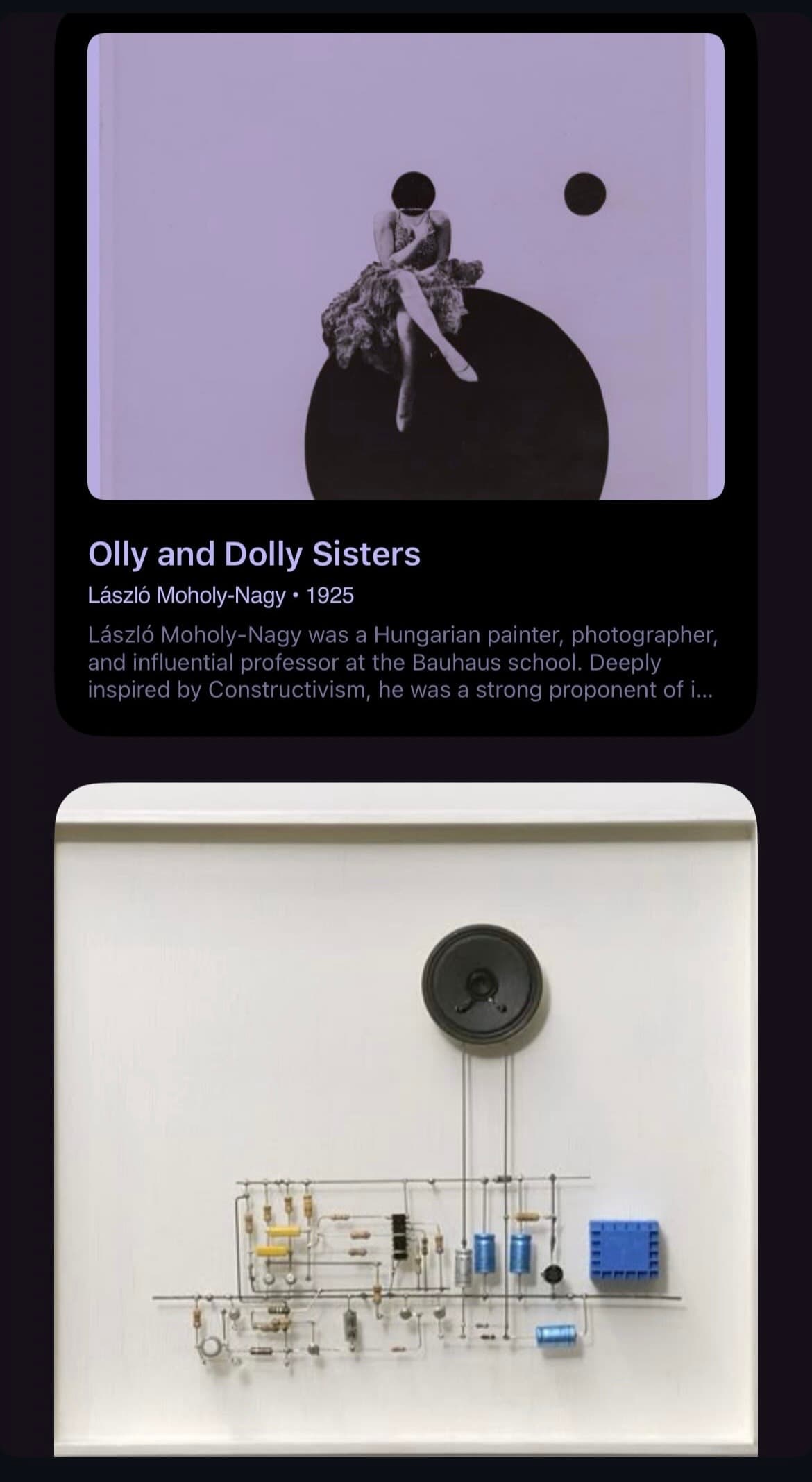 a screenshot pairing László Moholy-Nagy's Bauhaus photomontage Olly and Dolly Sisters, 1925, with a small speaker wired to an exposed circuit board mounted on a white panel