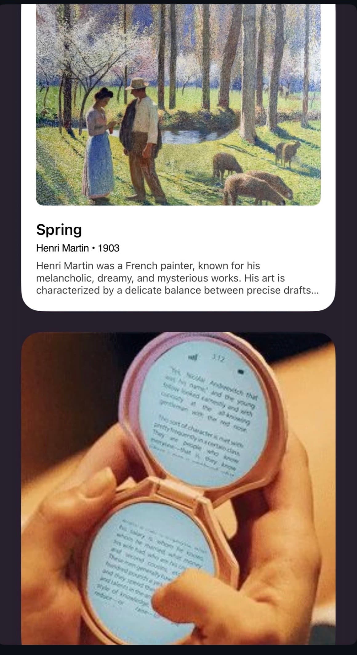 a screenshot pairing Henri Martin's pointillist painting Spring, 1903, with a pastel compact-shaped e-reader held open in a hand, displaying text