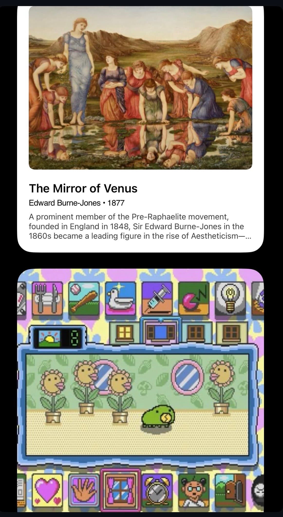 a screenshot pairing Edward Burne-Jones's painting The Mirror of Venus, 1877, with a pixel-art virtual pet game room featuring mirrors, potted flowers, and a small green creature