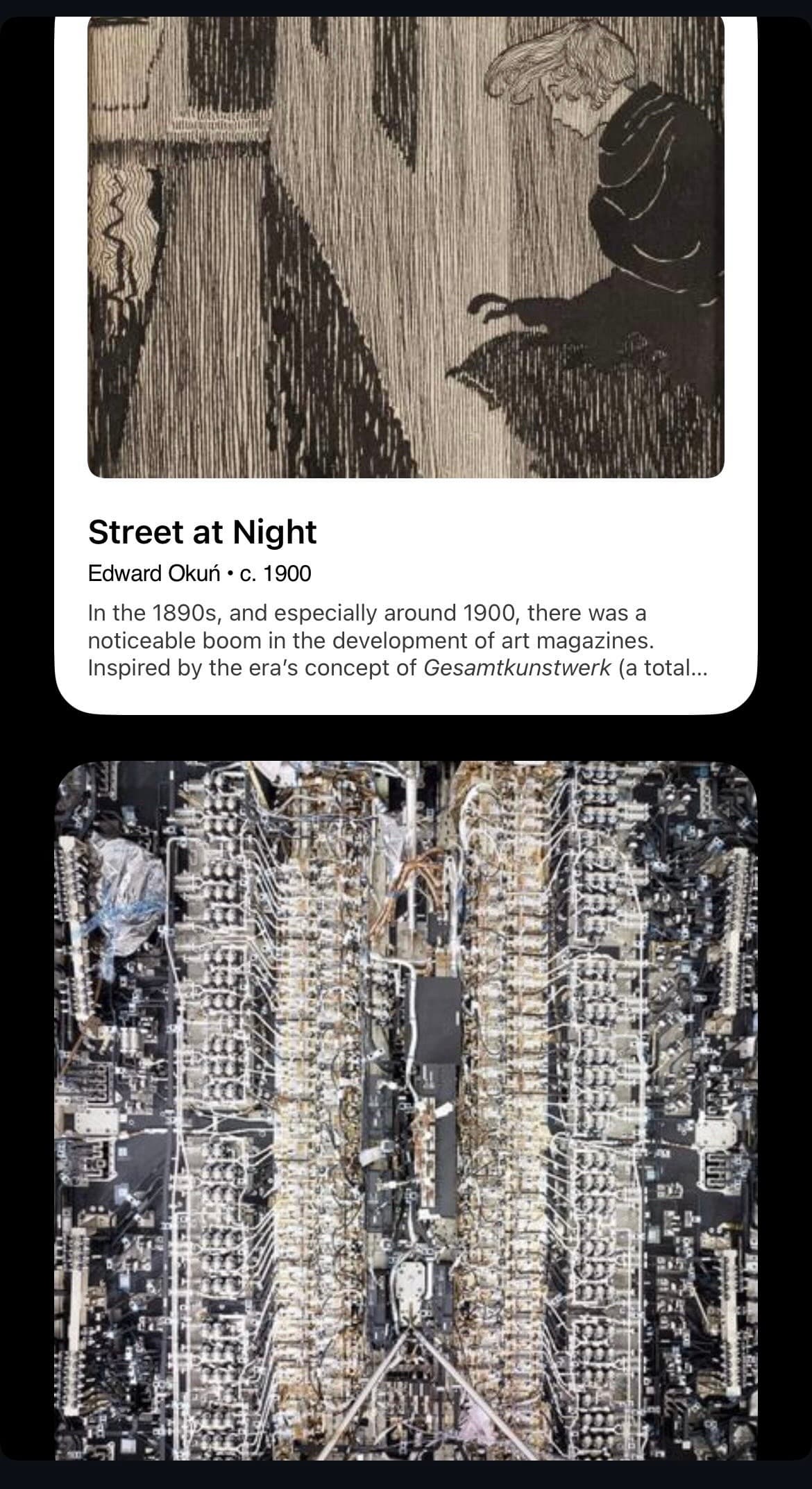 a screenshot pairing Edward Okuń's tapestry-like painting Street at Night, c. 1900, with a densely wired circuit backplane photographed from above